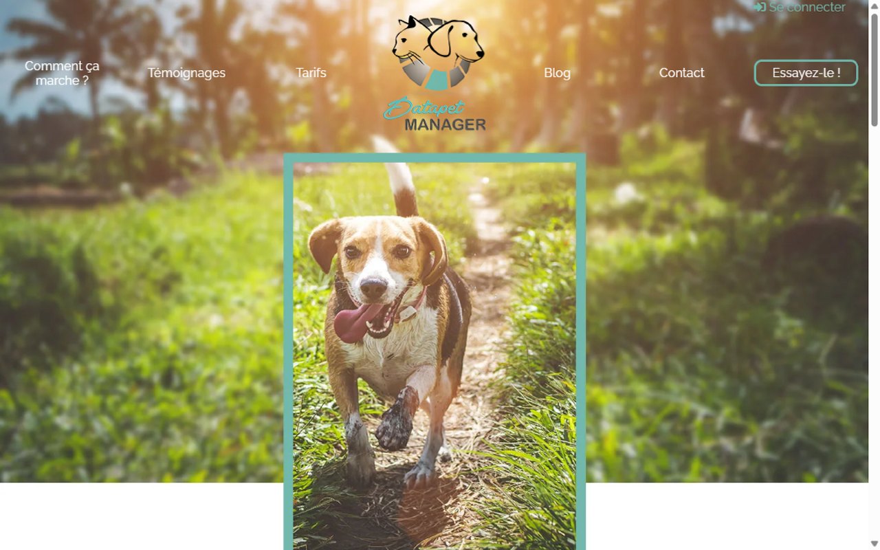 Capture d’écran : DataPet Manager, site vitrine, Site de présentation d’un logiciel en ligne pour le monde animalier