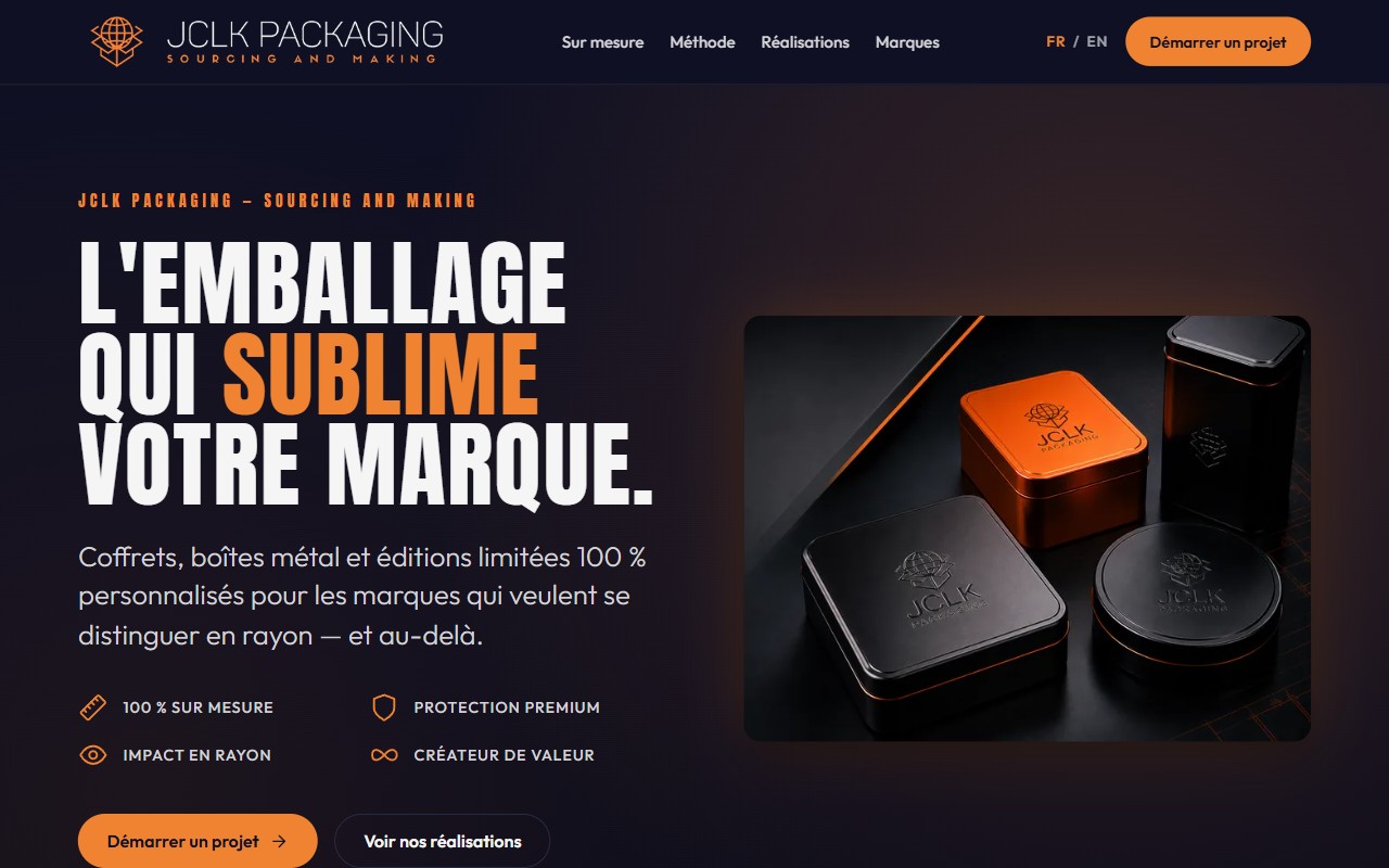 Capture d’écran : JCLK Packaging, Emballages métal premium sur mesure